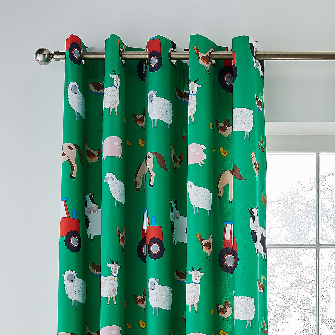 Catherine Lansfield Farmyard Animals Green Eyelet Curtains