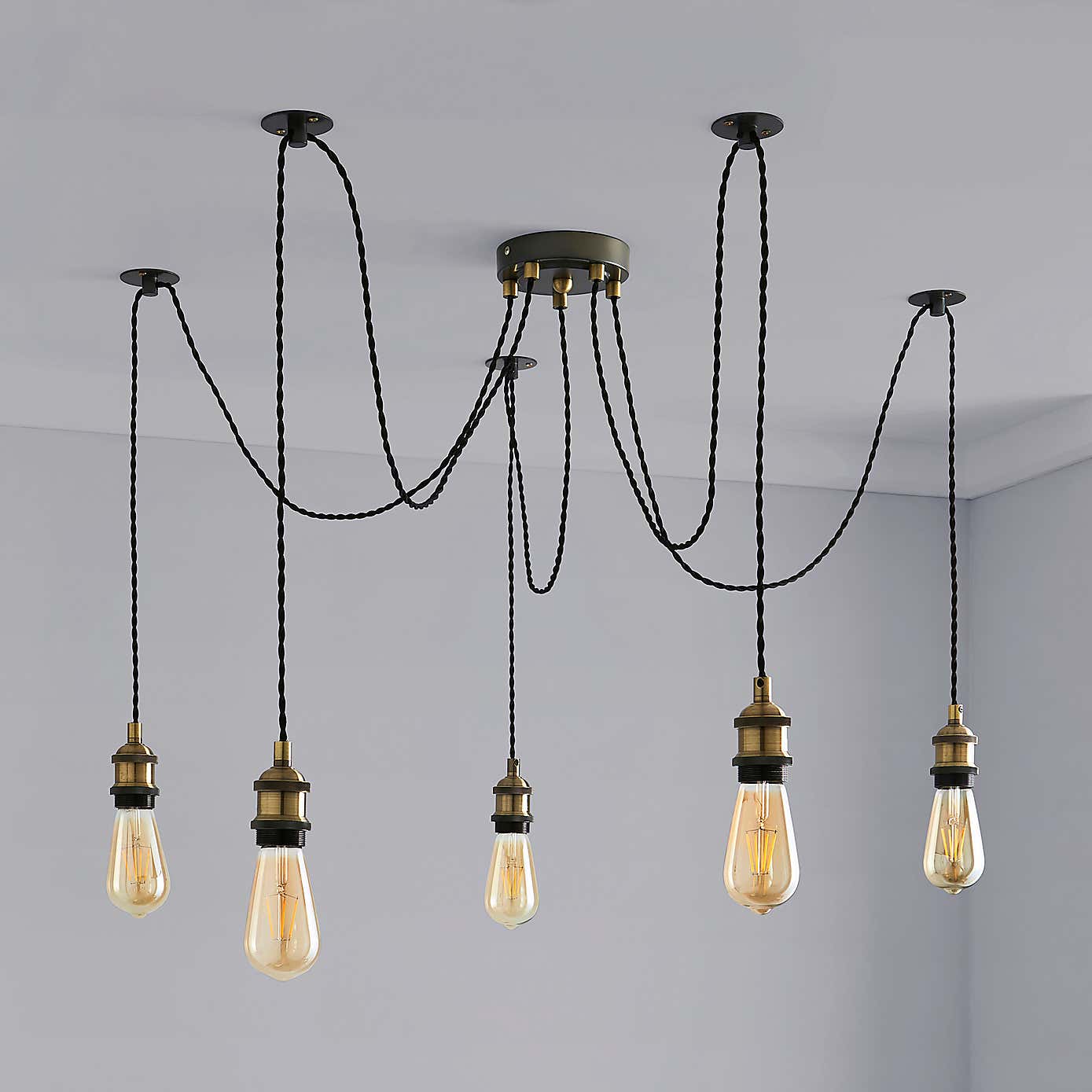 Logan 5 Light Spider Antique Brass Industrial Cluster Flex Fitting