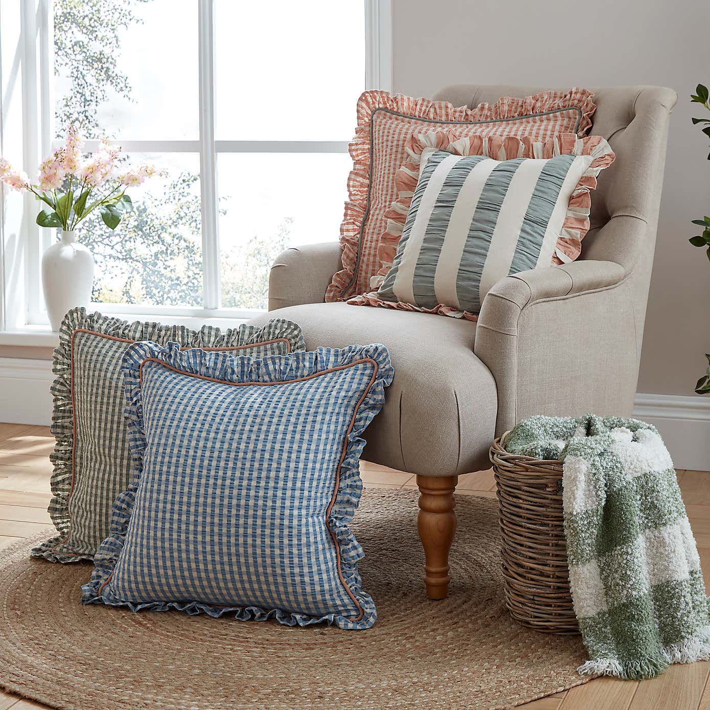 Seersucker Gingham Frill Cotton Square Cushion