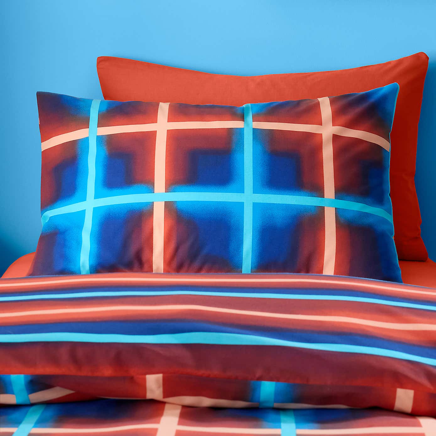 Red & Blue Neon Checks Reversible Duvet Cover and Pillowcase Set