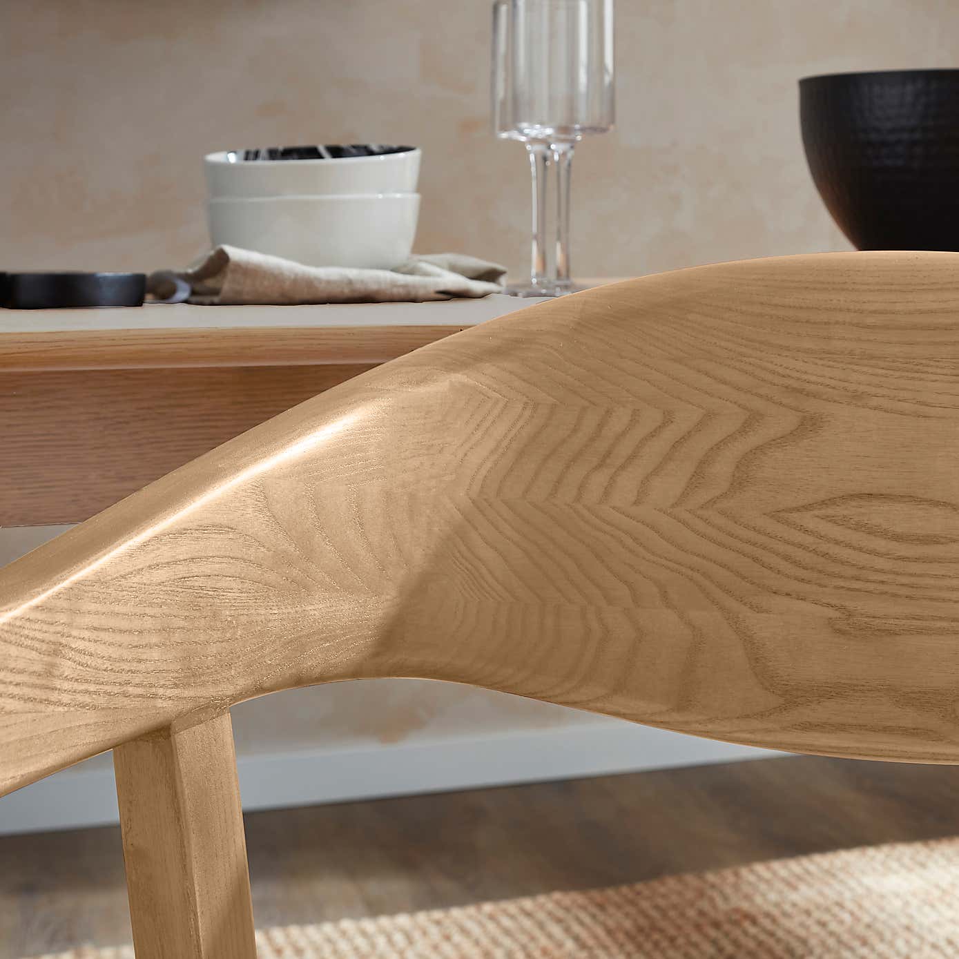 Karla Rectangular Extendable Dining Table with Oskar Natural Stained Ivory Boucle Dining Chairs