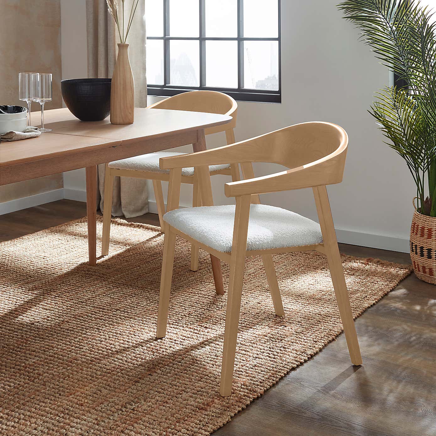 Karla Rectangular Extendable Dining Table with Oskar Natural Stained Ivory Boucle Dining Chairs