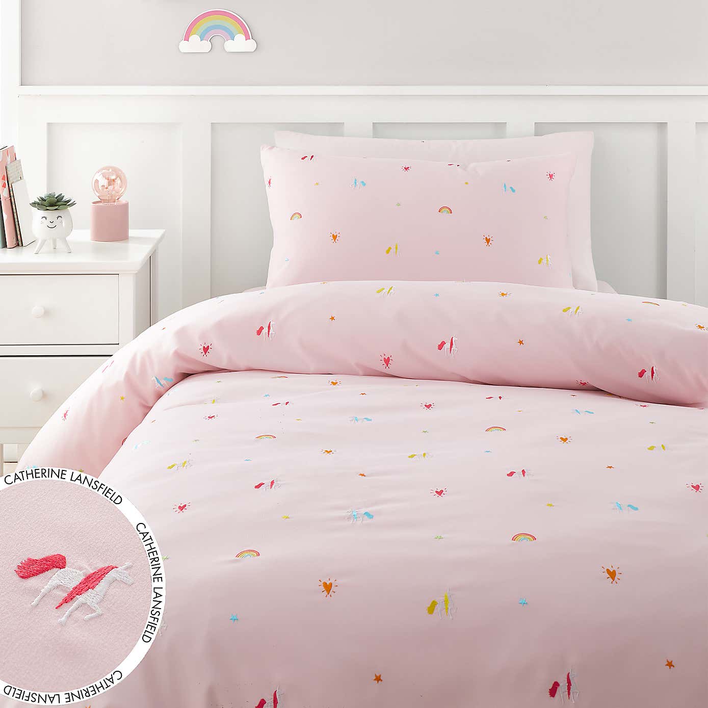 Catherine Lansfield Embroidered Unicorn Pink Microfibre Duvet Cover and Pillowcase Set