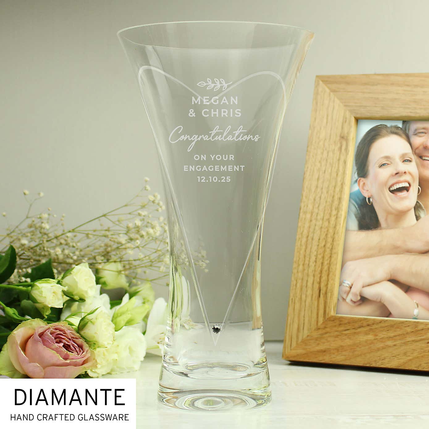 Personalised Botanical Hand Cut Diamante Heart Vase