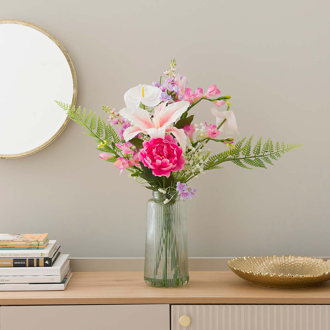 Artificial Tiger Lily Bouquet in Ribbed Glass Vase