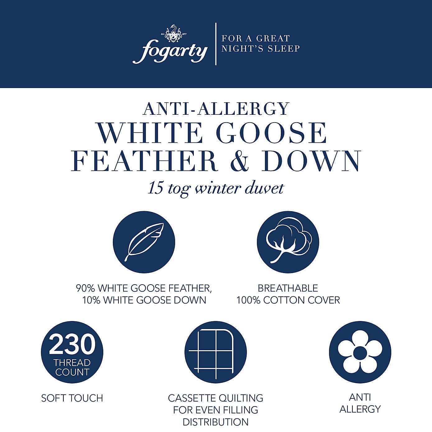 Fogarty Anti Allergy White Goose Feather and Down 15 Tog Duvet