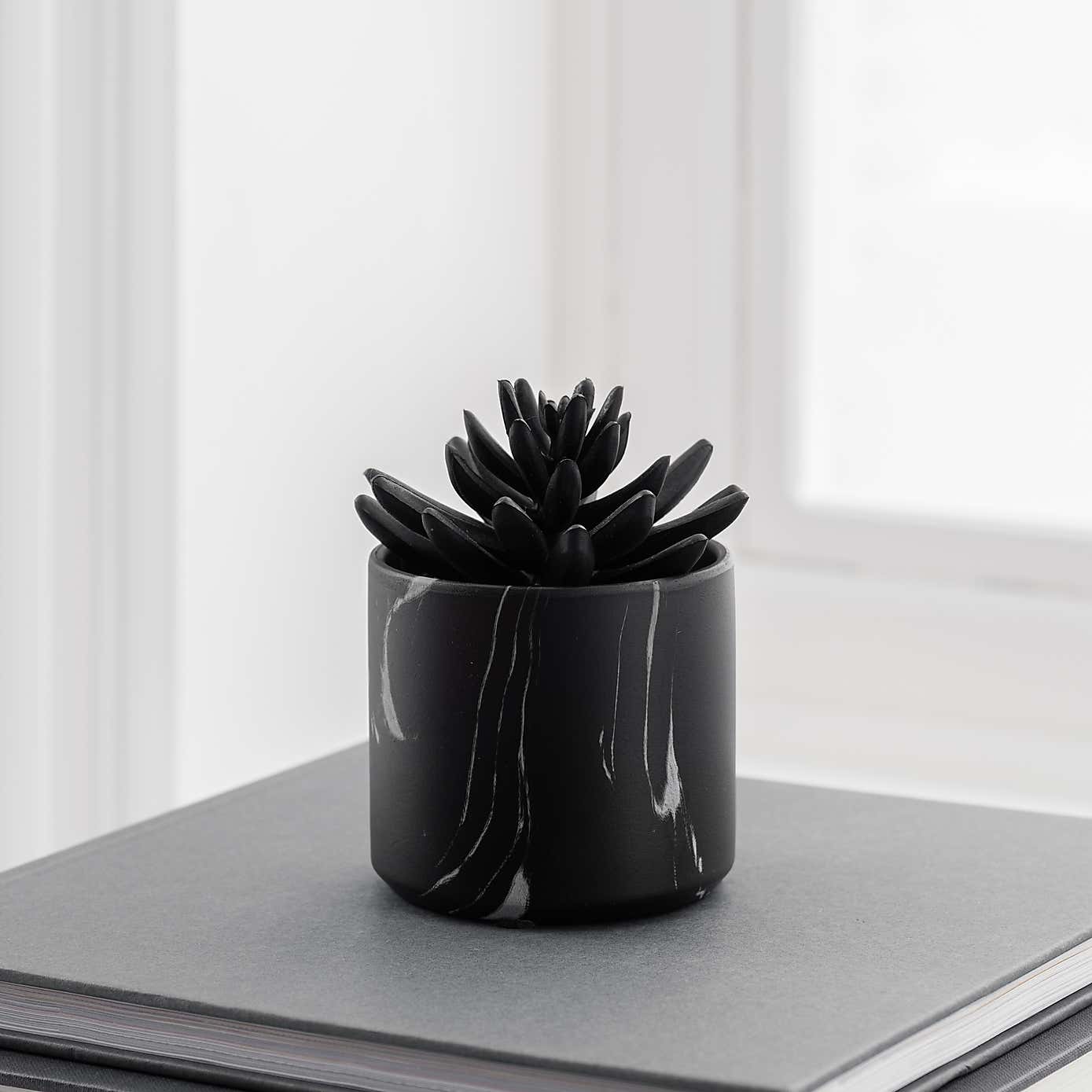 Artificial Succulent in Black Marble Plant Pot