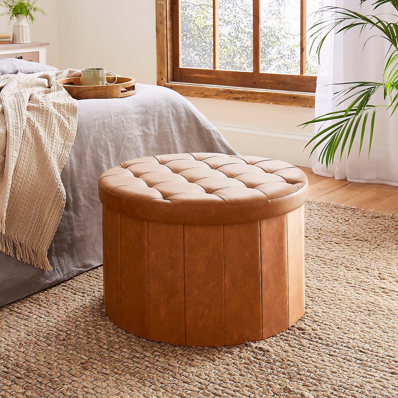 Large Faux Leather Round Ottoman