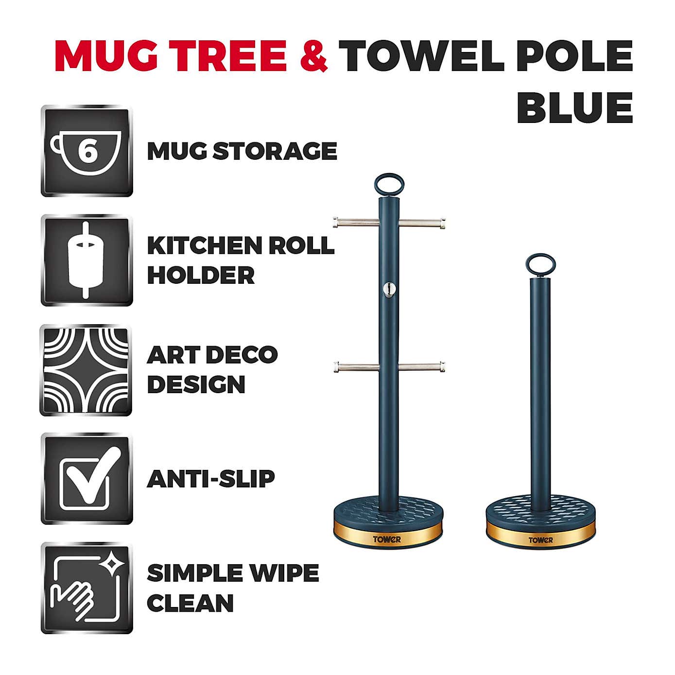 Tower Empire 6 Cup Mug Tree & Kitchen Roll Holder Set