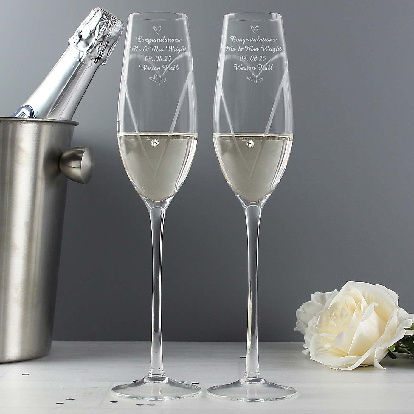 Personalised Hand Cut Little Hearts Pair of Flutes with Gift Box