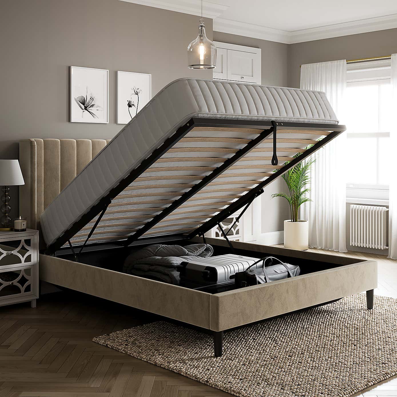 Alara Pleated Velvet Ottoman Bed