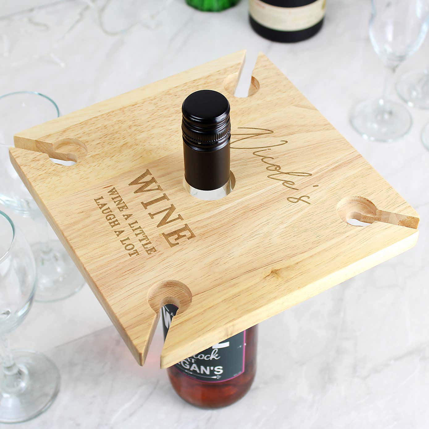 Personalised Wooden Four Wine Glasses and Bottle Holder