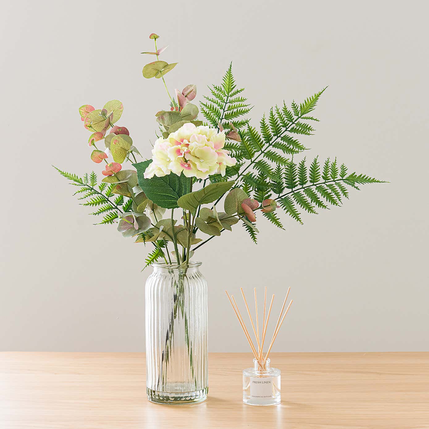 Artificial Green Hydrangea & Eucalyptus Bouquet in Ribbed Glass Vase with Fresh Linen Diffuser