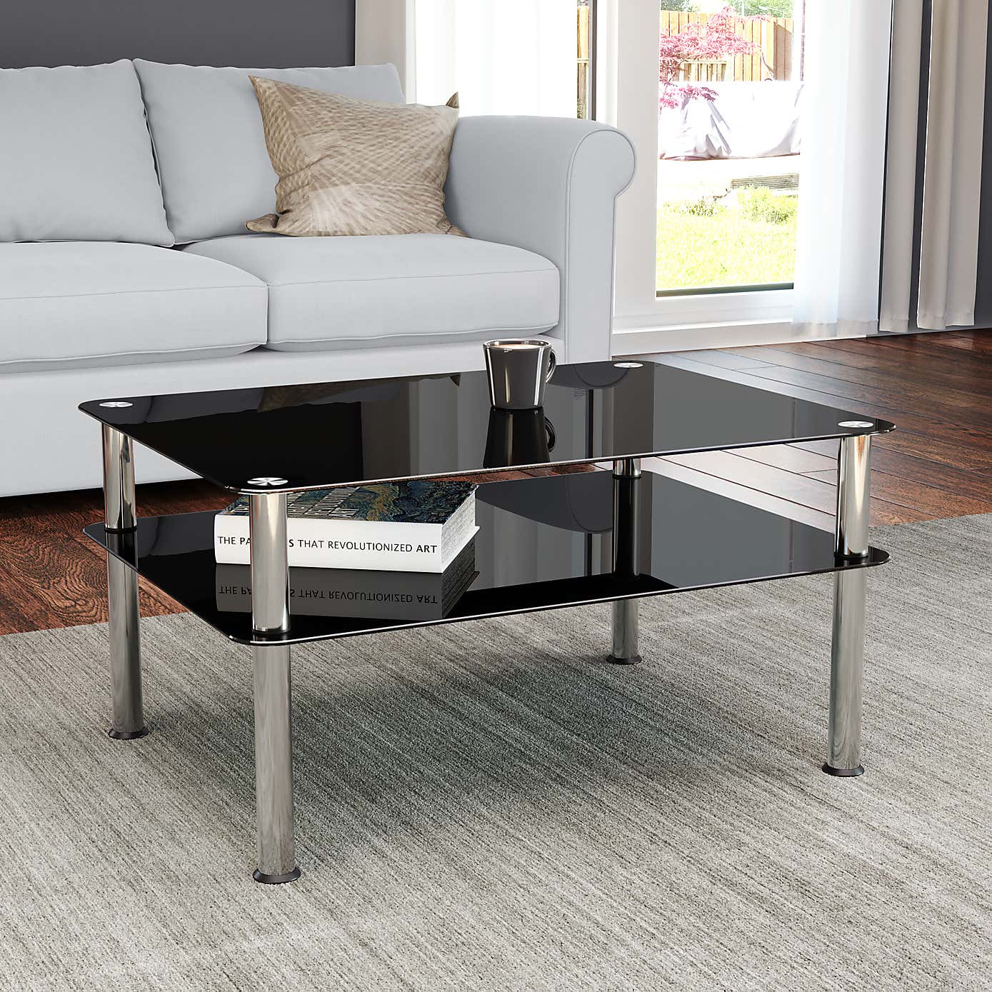 AVF Large Coffee Table, Black Glass with Chrome Legs