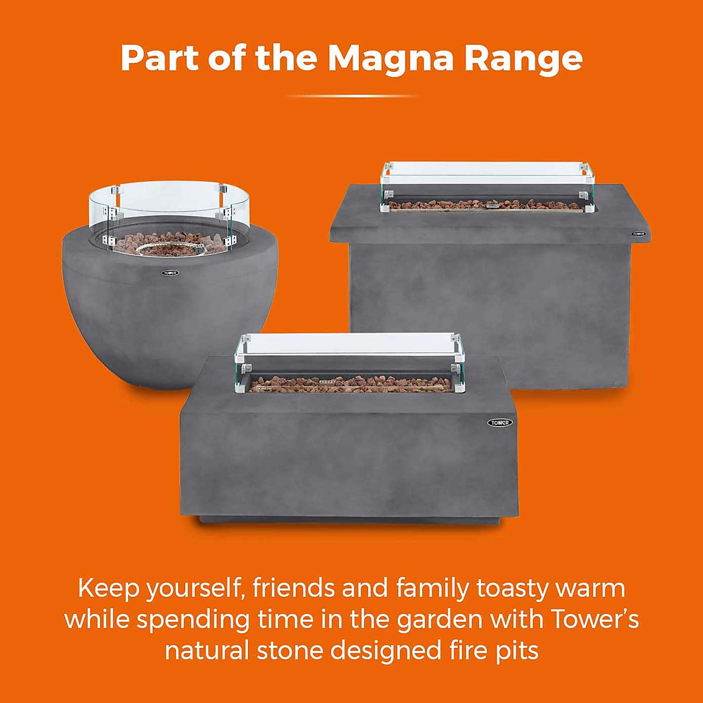 Tower Magna H60cm Rectangular Gas Fire Pit, Grey