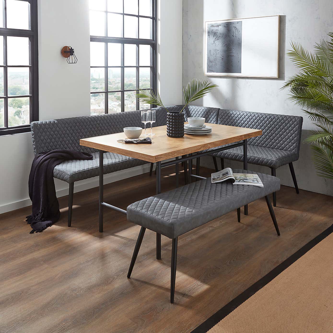 Montreal Corner Faux Leather Dining Bench Set, Grey