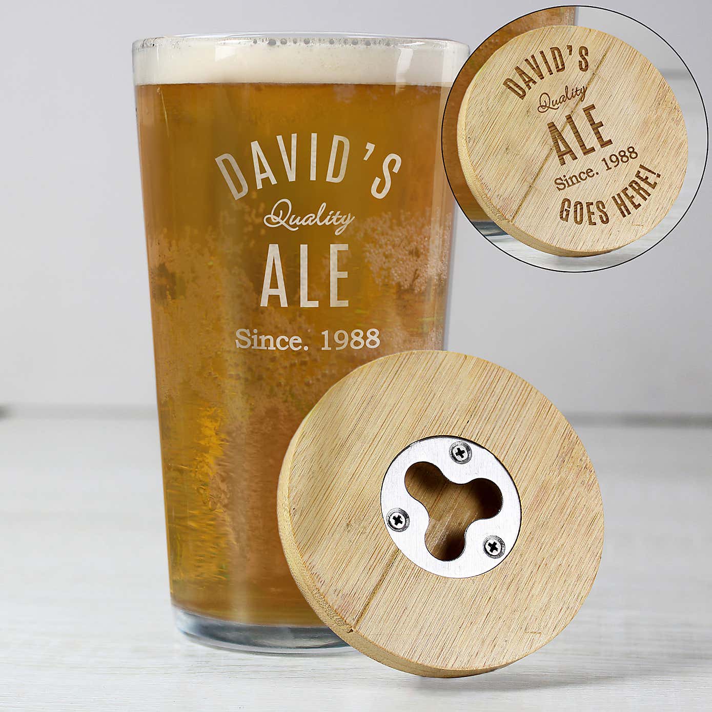 Personalised Bamboo Bottle Opener Coaster and Pint Glass