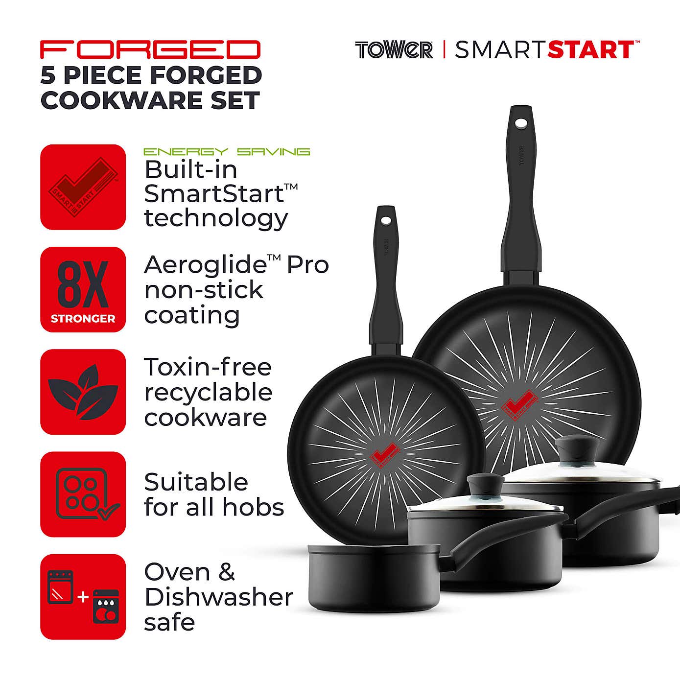 Tower Smart Start Non-Stick Forged Aluminium 5 Piece Pan Set