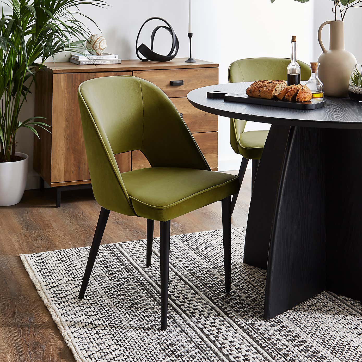 Effy Round Dining Table with 4 Lillia Olive Velvet Dining Chairs