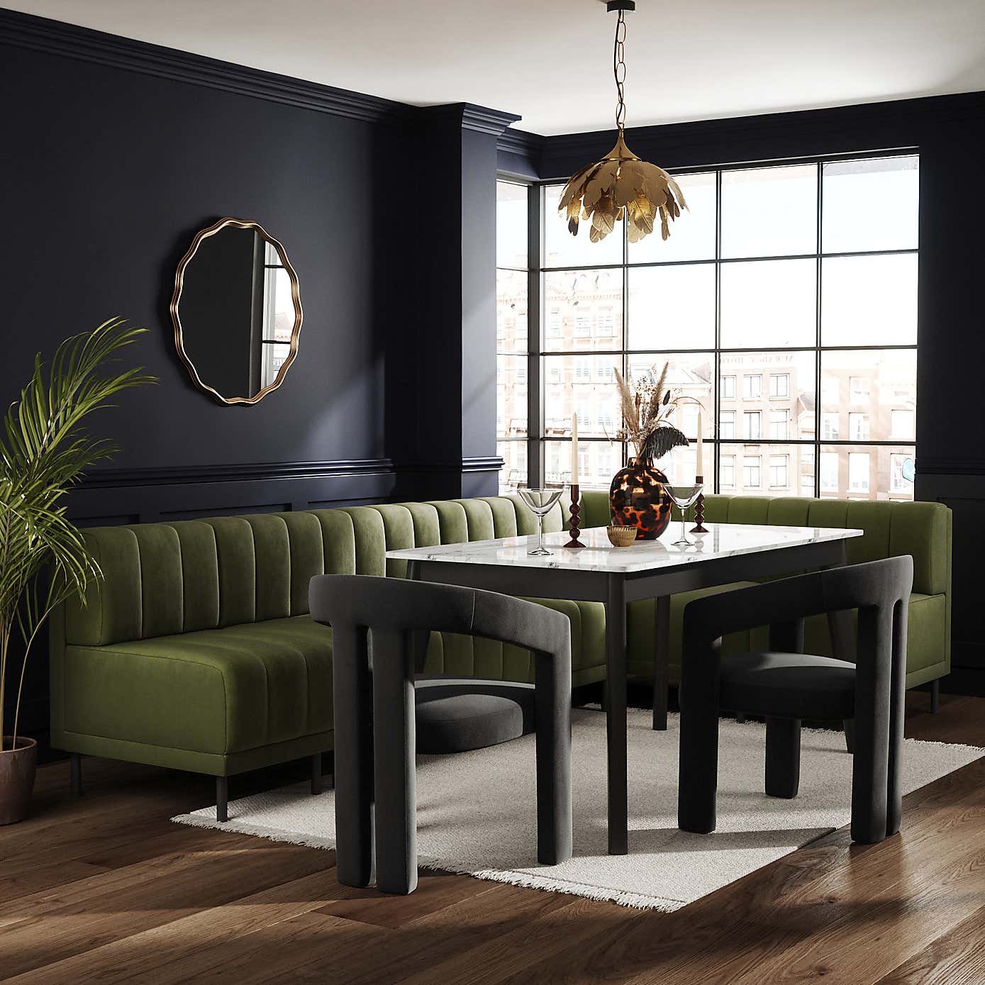 Amali Matte Plush Velvet Left Hand Dining Bench Olive Bundle