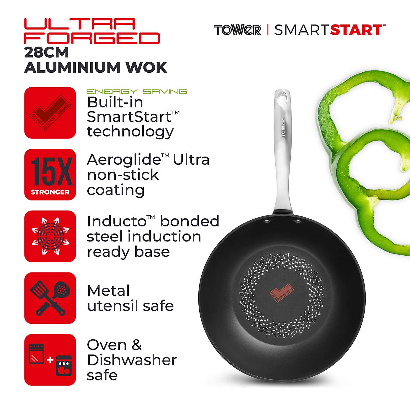 Tower Smart Start Non-Stick Ultra Forged Aluminium Wok, 28cm