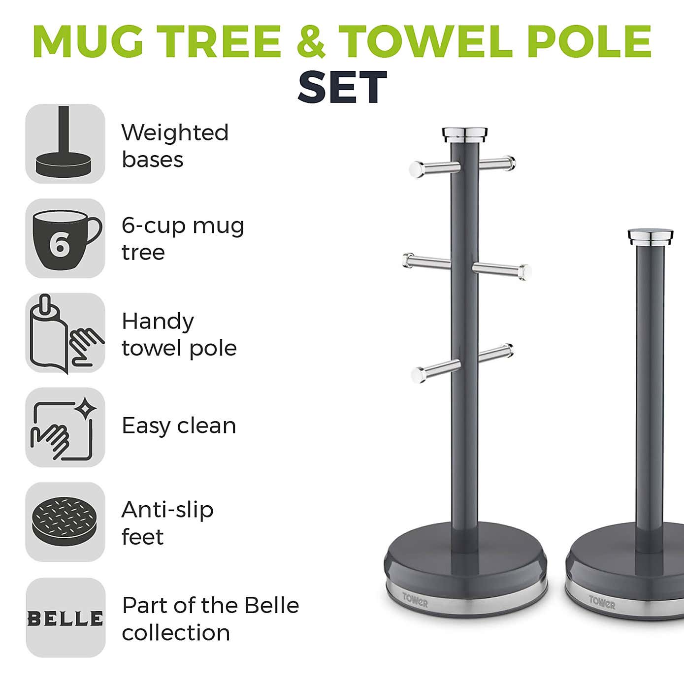 Tower Belle Mug Tree and Kitchen Roll Holder Set