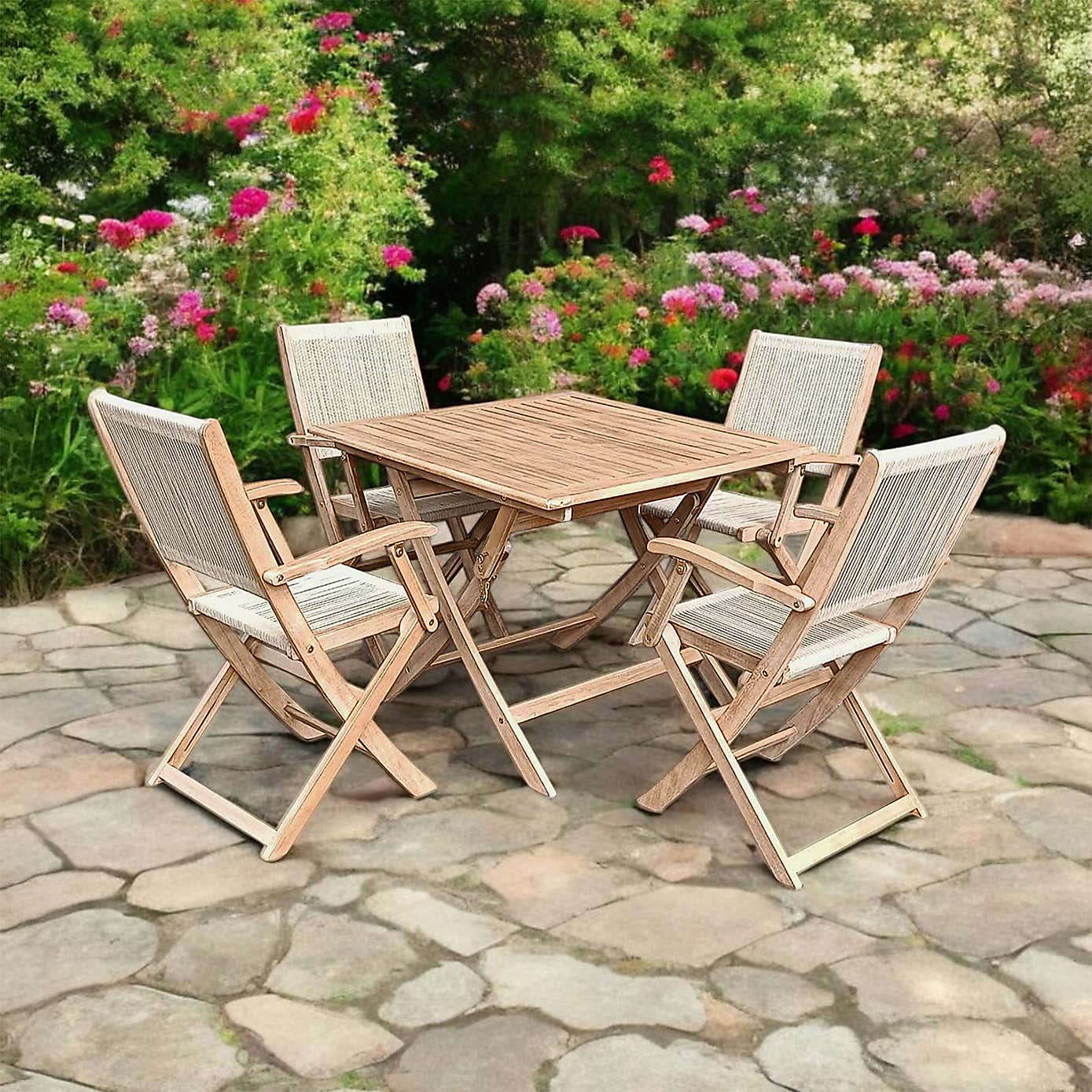 A.Mir London Square Folding Outdoor Dining Set with 2 Rope Chairs