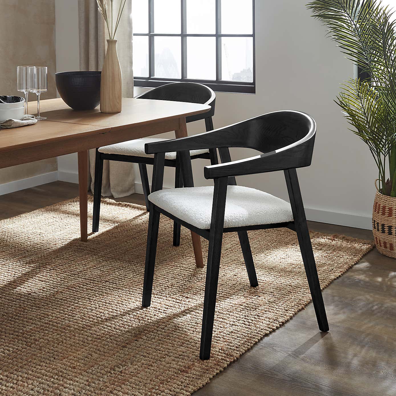 Karla Rectangular Extendable Dining Table with Oskar Black Stained Ivory Boucle Dining Chairs