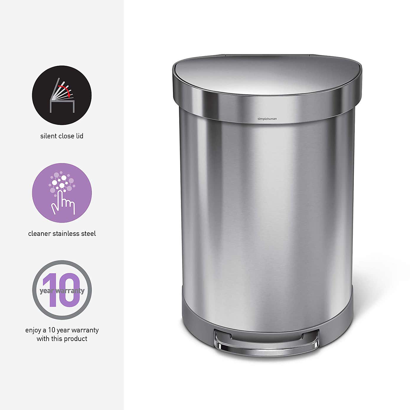 Simple Human 60 Litre Semi Round Stainless Steel Pedal Bin