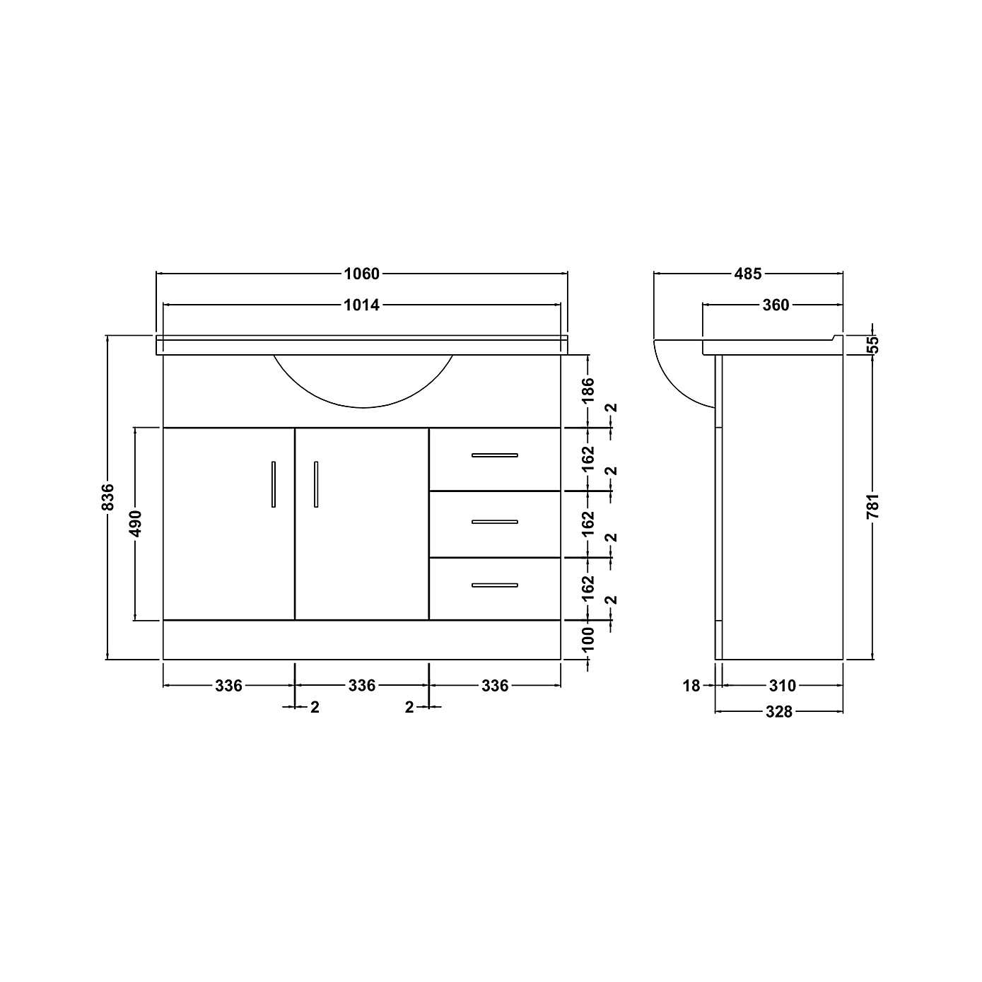 Mayford 2 Door 3 Drawer Vanity Unit with Round Basin
