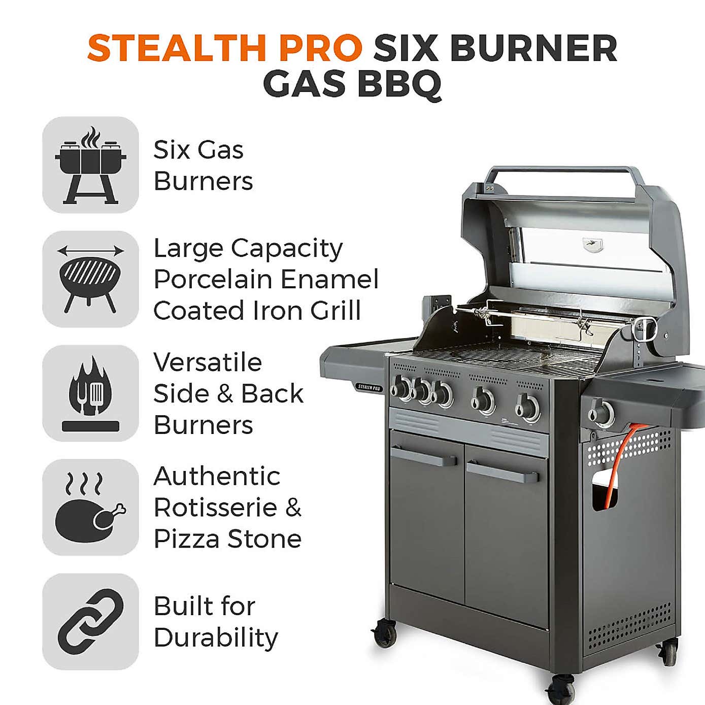 Tower Stealth Pro Six Burner Gas BBQ, Black Steel