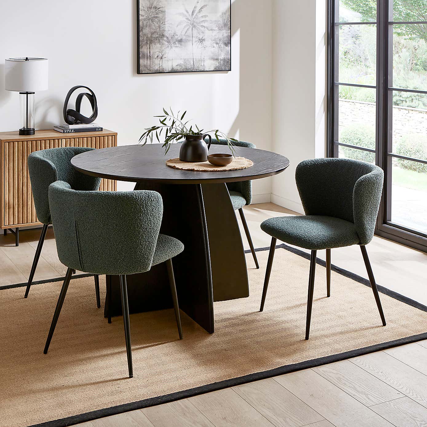 Effy Round Dining Table with 4 Mandy Olive Boucle Dining Chairs