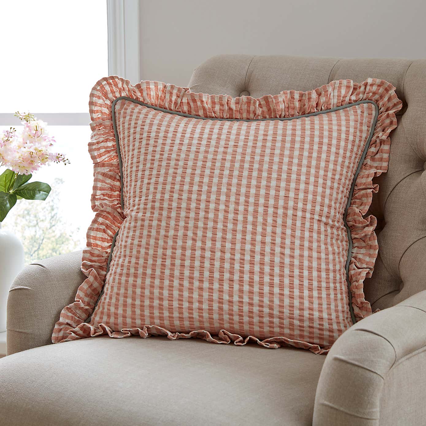 Seersucker Gingham Frill Cotton Square Cushion