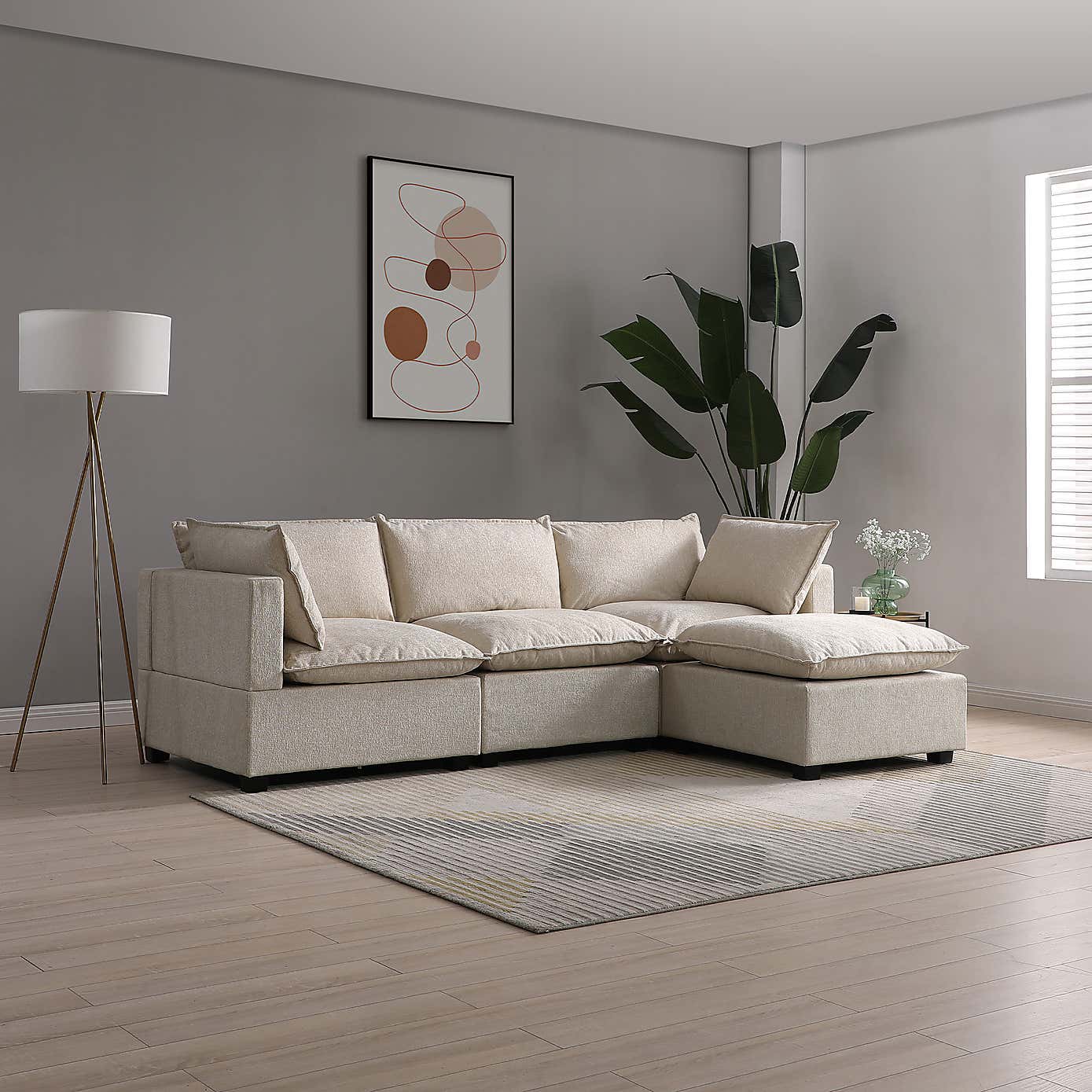 Moda 3 Seater Modular Sofa with Chaise, Natural Boucle