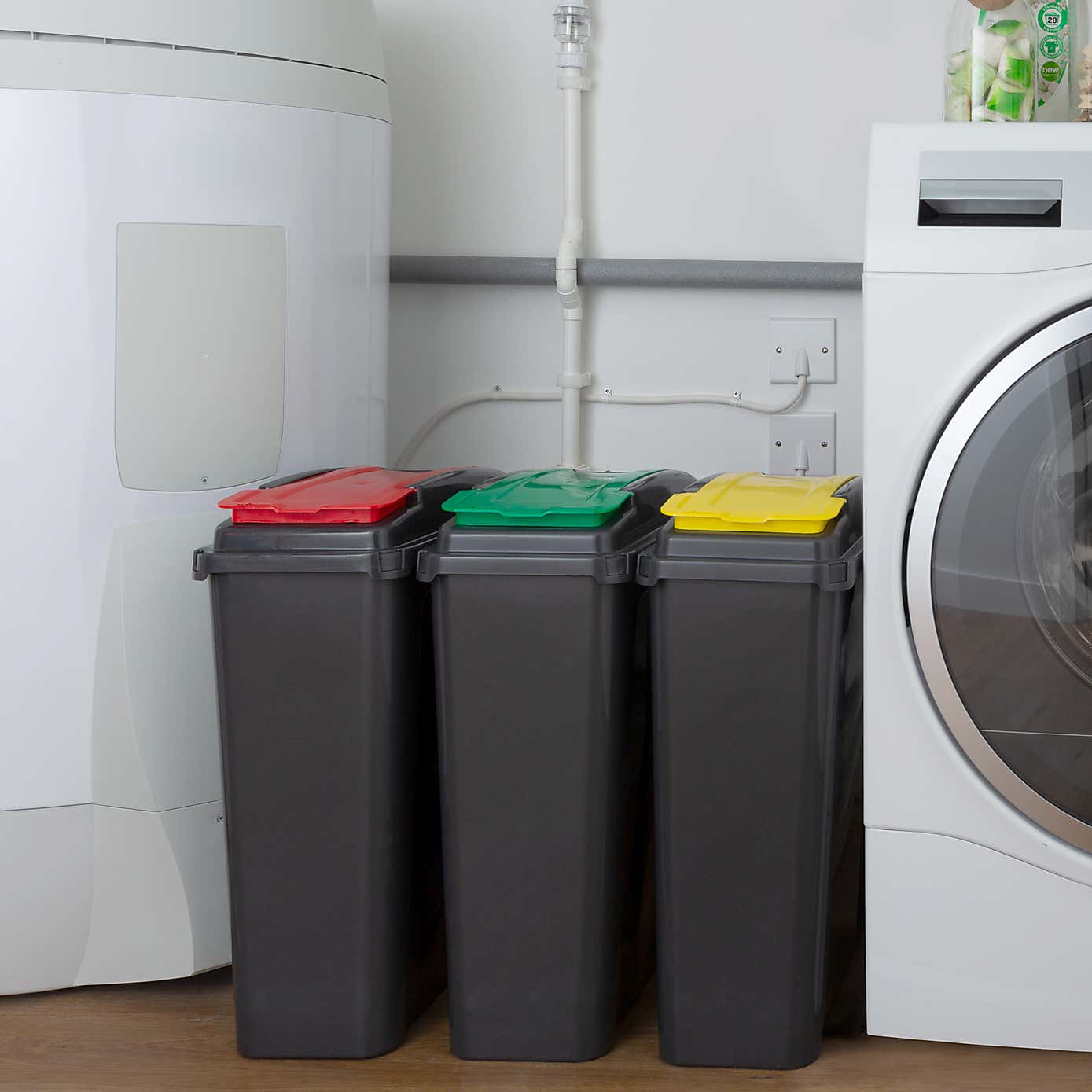 Wham 25L Set of 3 Recycling Bins with Red, Green, & Yellow Lids