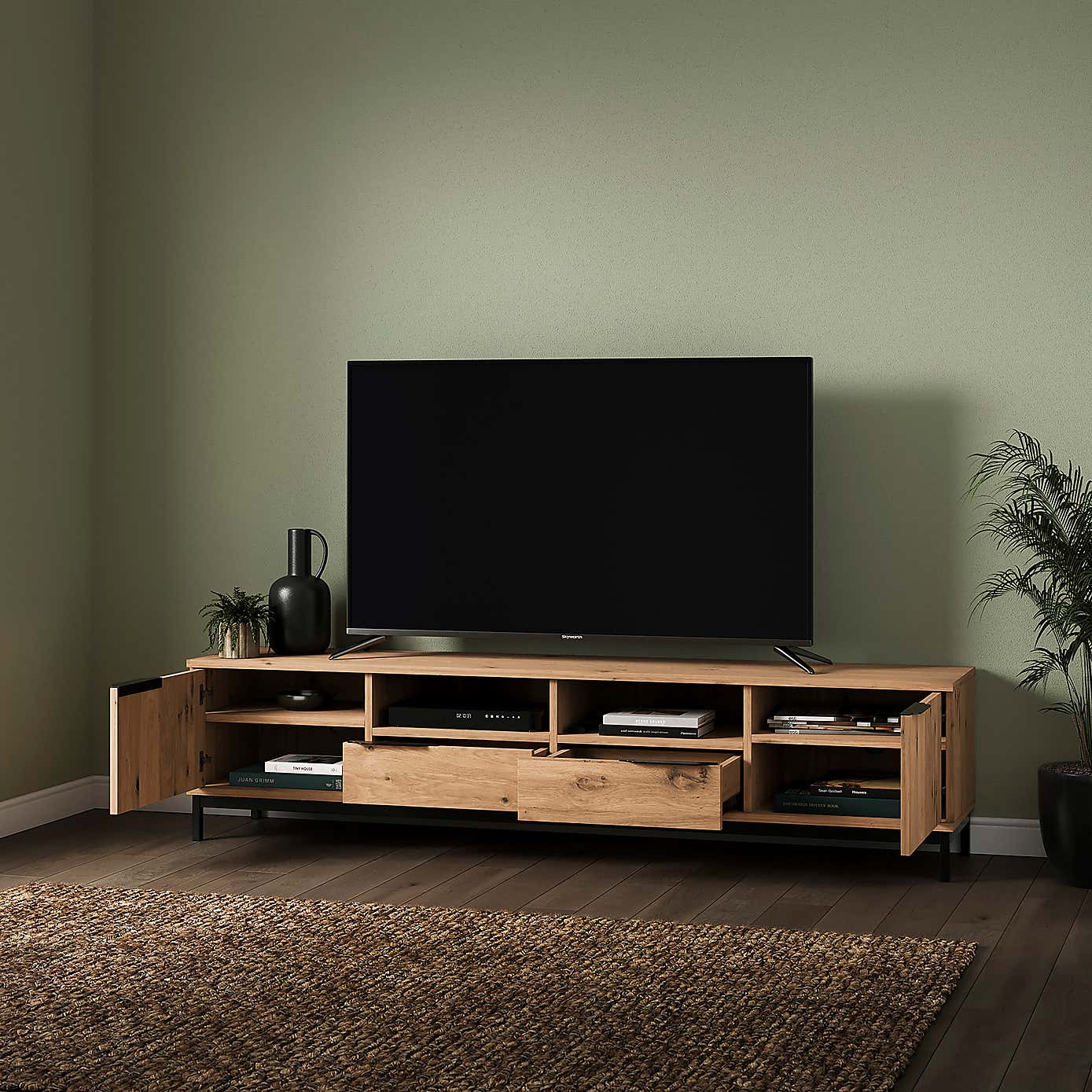 Reynolds Extra Wide TV Unit for TVs up to 80", Rustic Oak Effect   