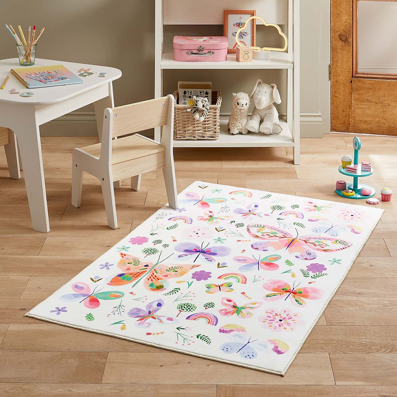 Kids Butterflies Washable Faux Fur Rug