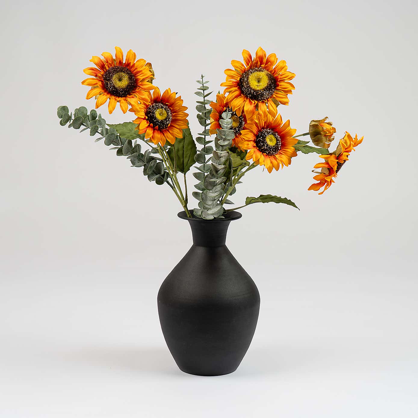 Artificial Sunflower Bouquet in Collared Black Vase