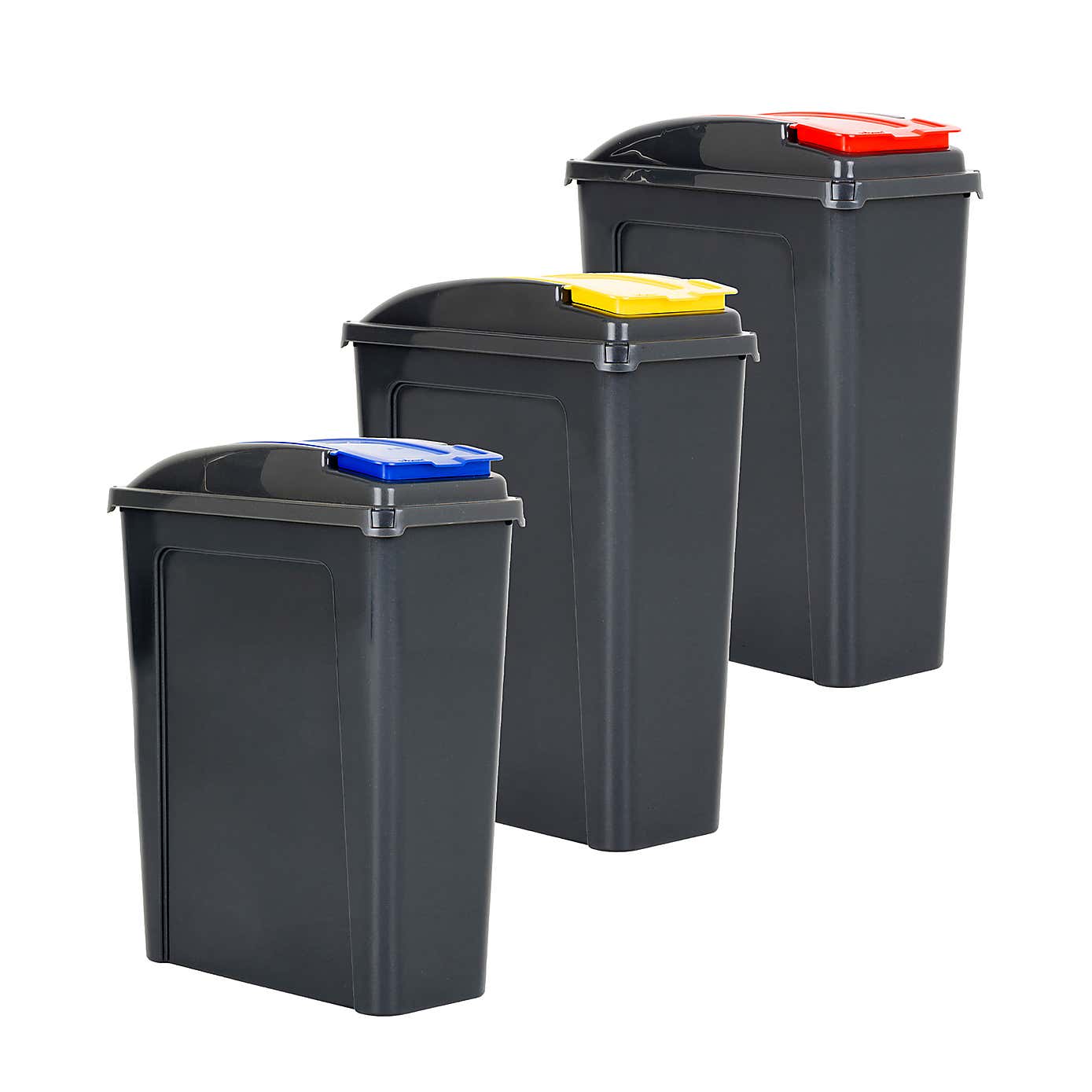 Wham 25L Set of 3 Recycling Bins with Red, Blue, & Yellow Lids
