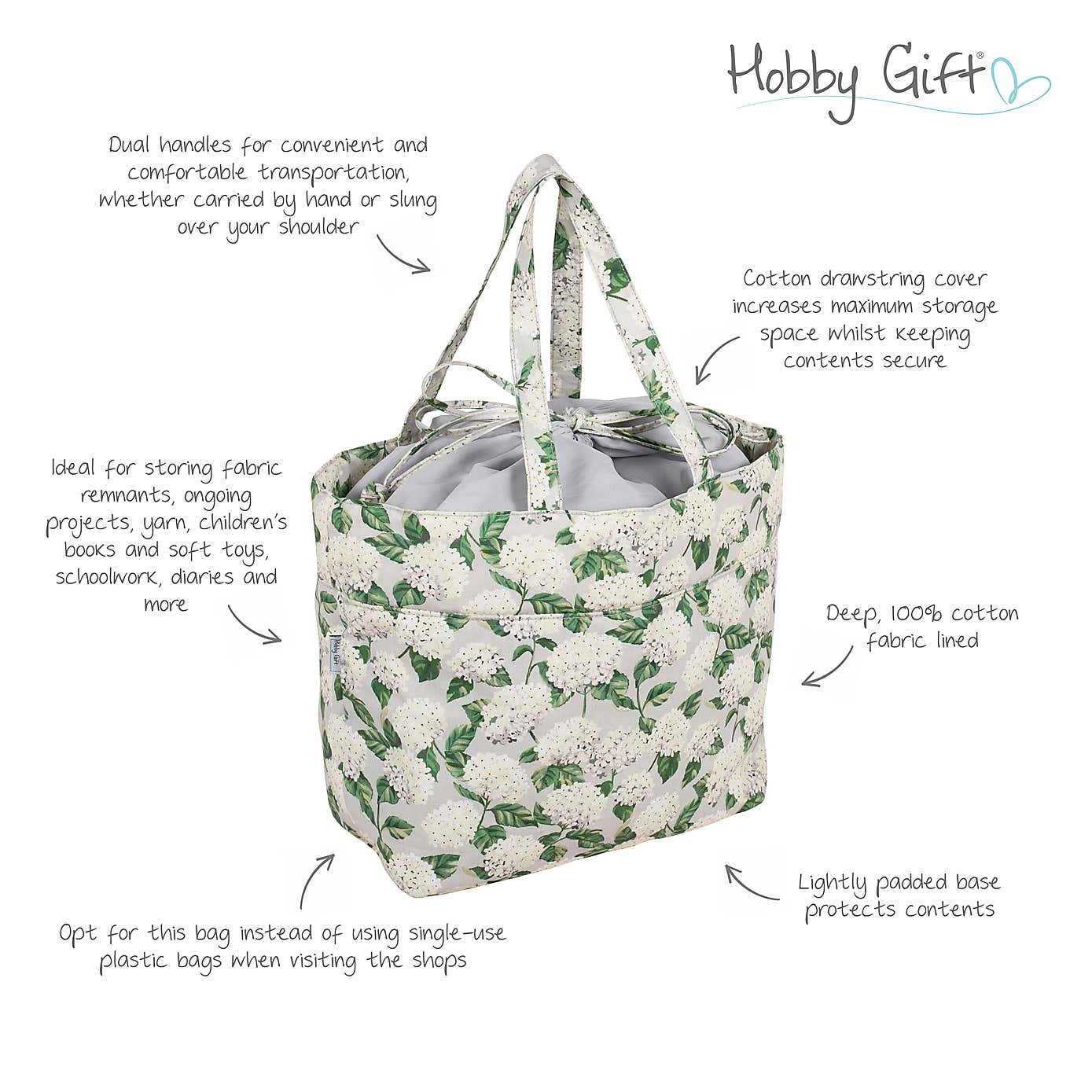 Hobby Gift Hydrangea Medium Drawstring Craft Bag