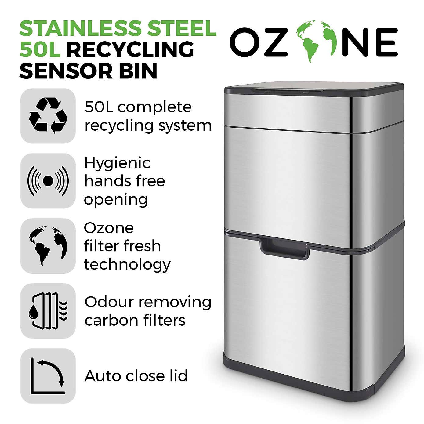 Tower 50L Ozone Recycling Sensor Bin