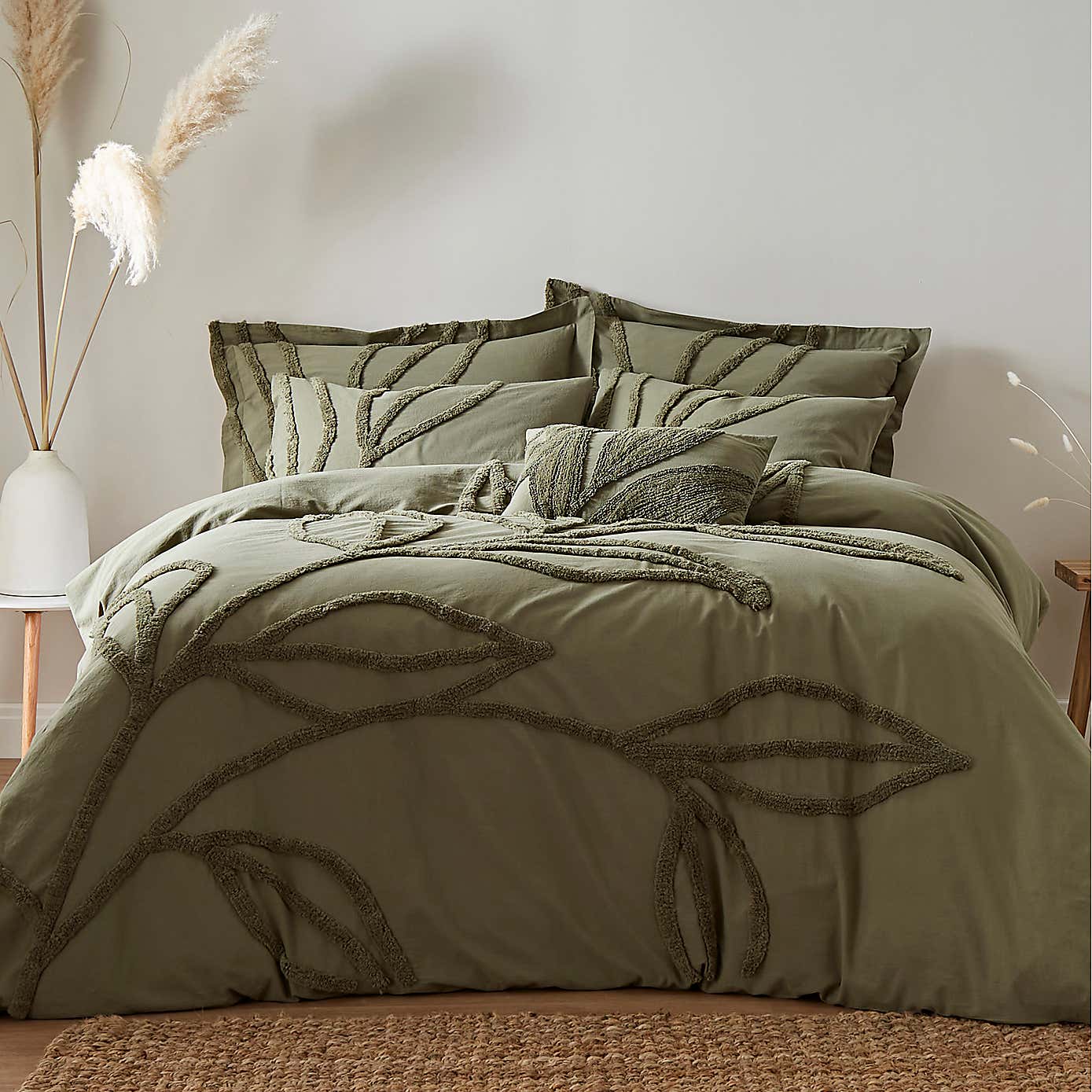 Tufted Leaf Olive 100% Organic Cotton Oxford Pillowcase