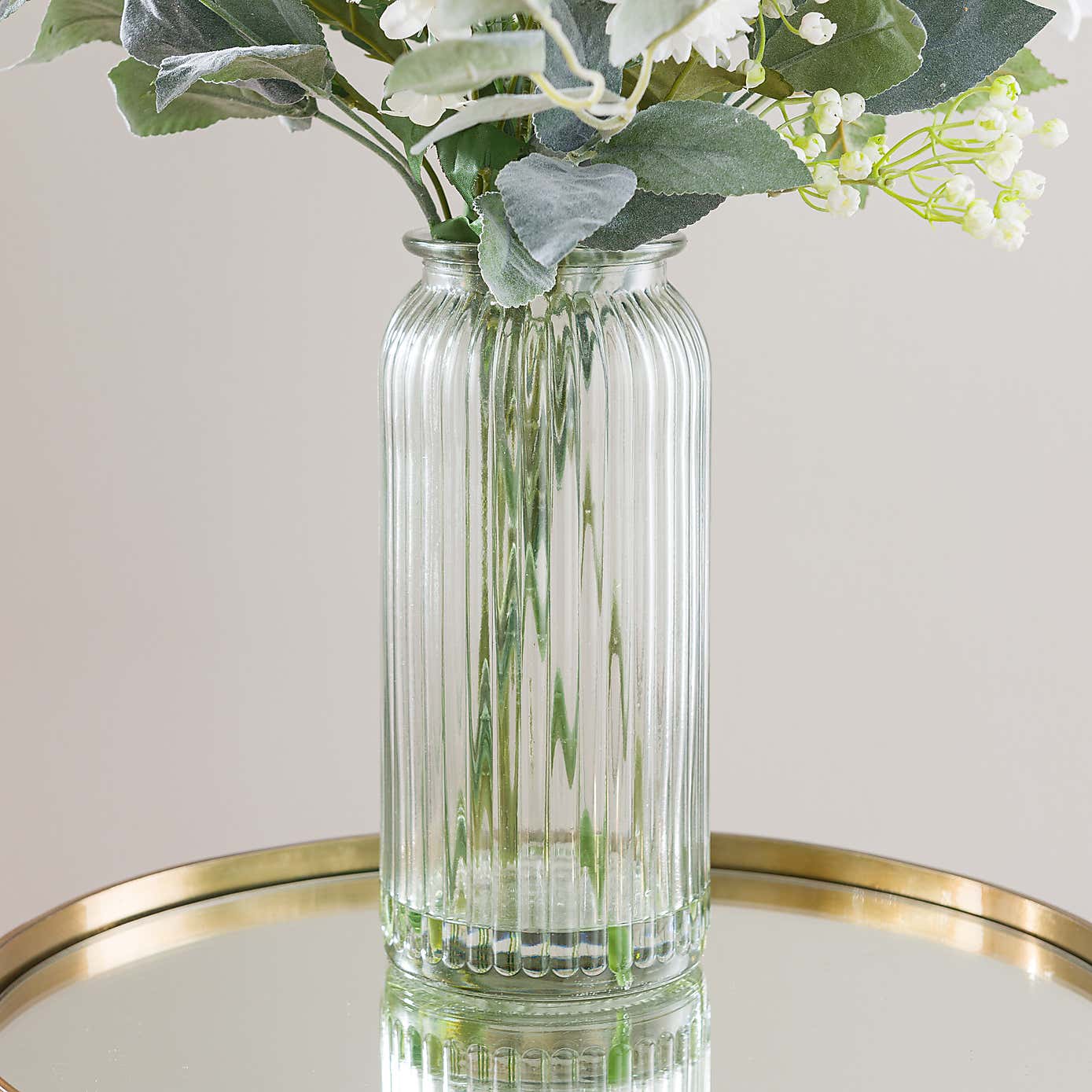 Artificial White Rose & Eucalyptus Bouquet in Ribbed Glass Vase