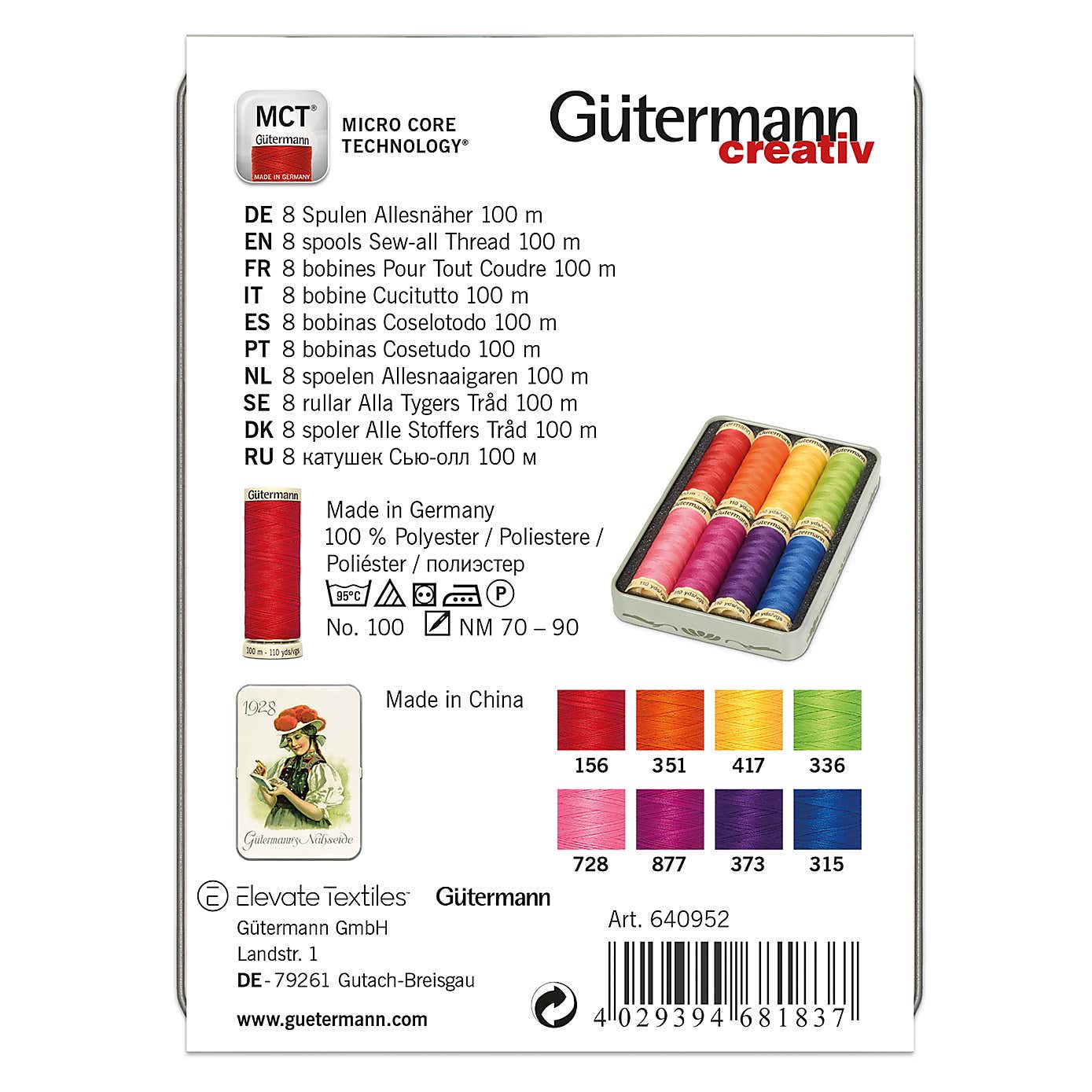 Thread Storage Tin Nostalgic 8x100m Bright Shades