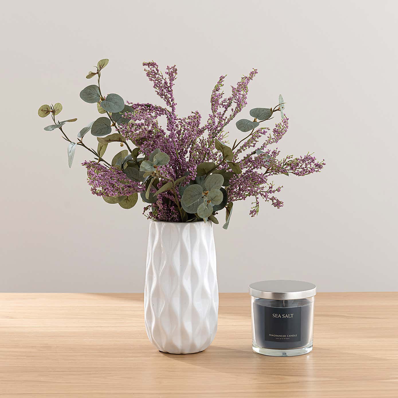 Artificial Berry & Eucalyptus Bouquet in Ceramic Vase with Sea Salt Candle