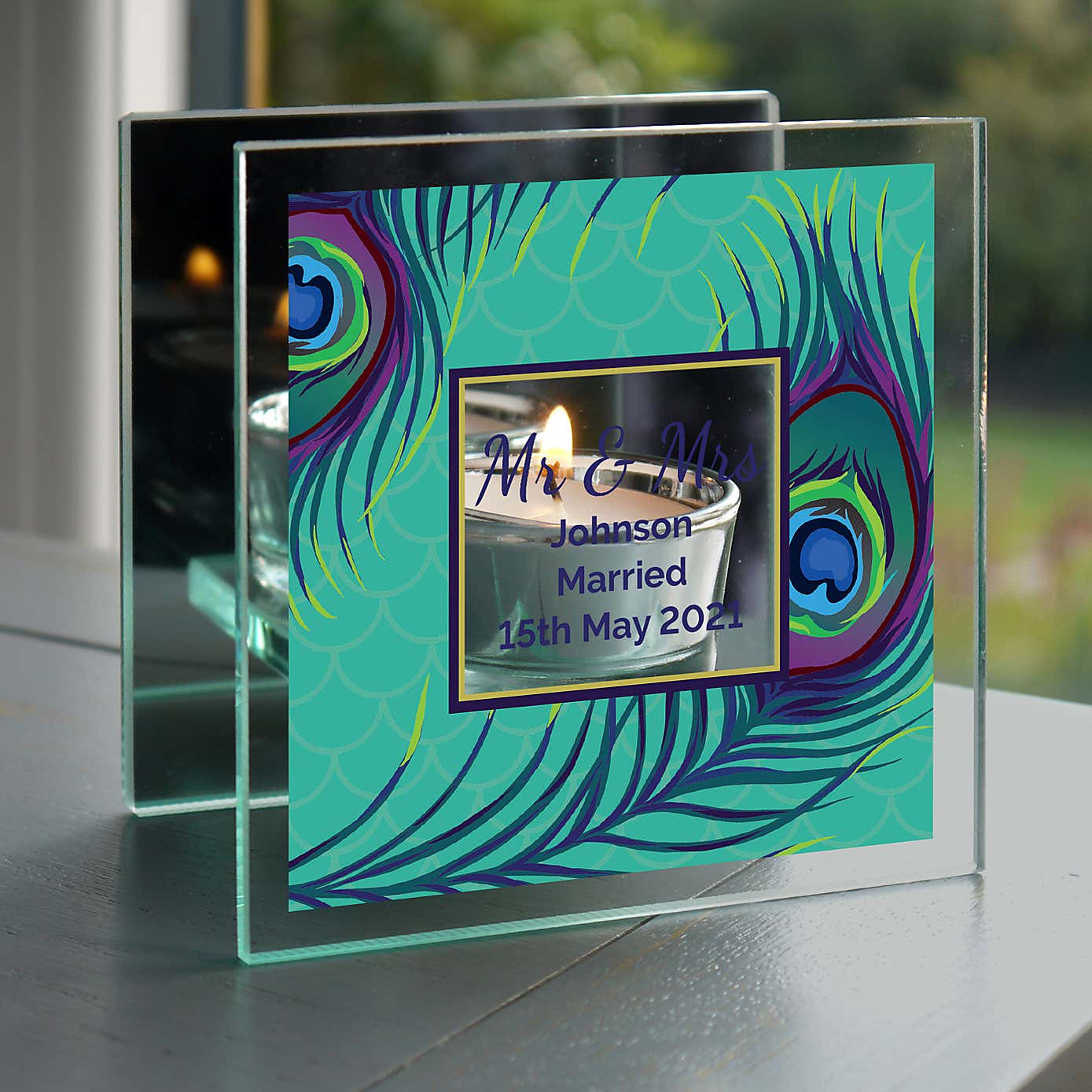 Personalised Peacock Mirrored Glass Tea Light Holder