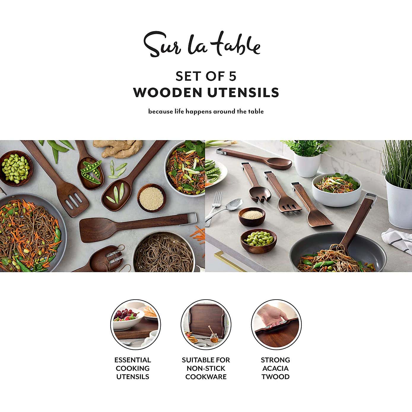 Sur La Table Set of 5 Acacia Wood Utensils