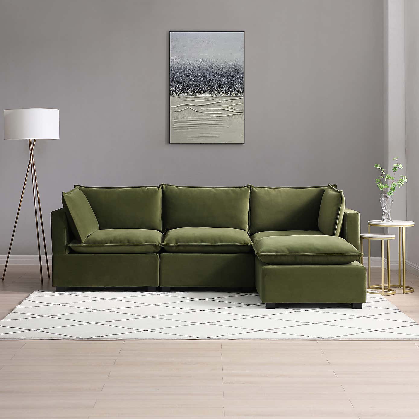 Moda 3 Seater Modular Sofa with Chaise, Olive Velvet