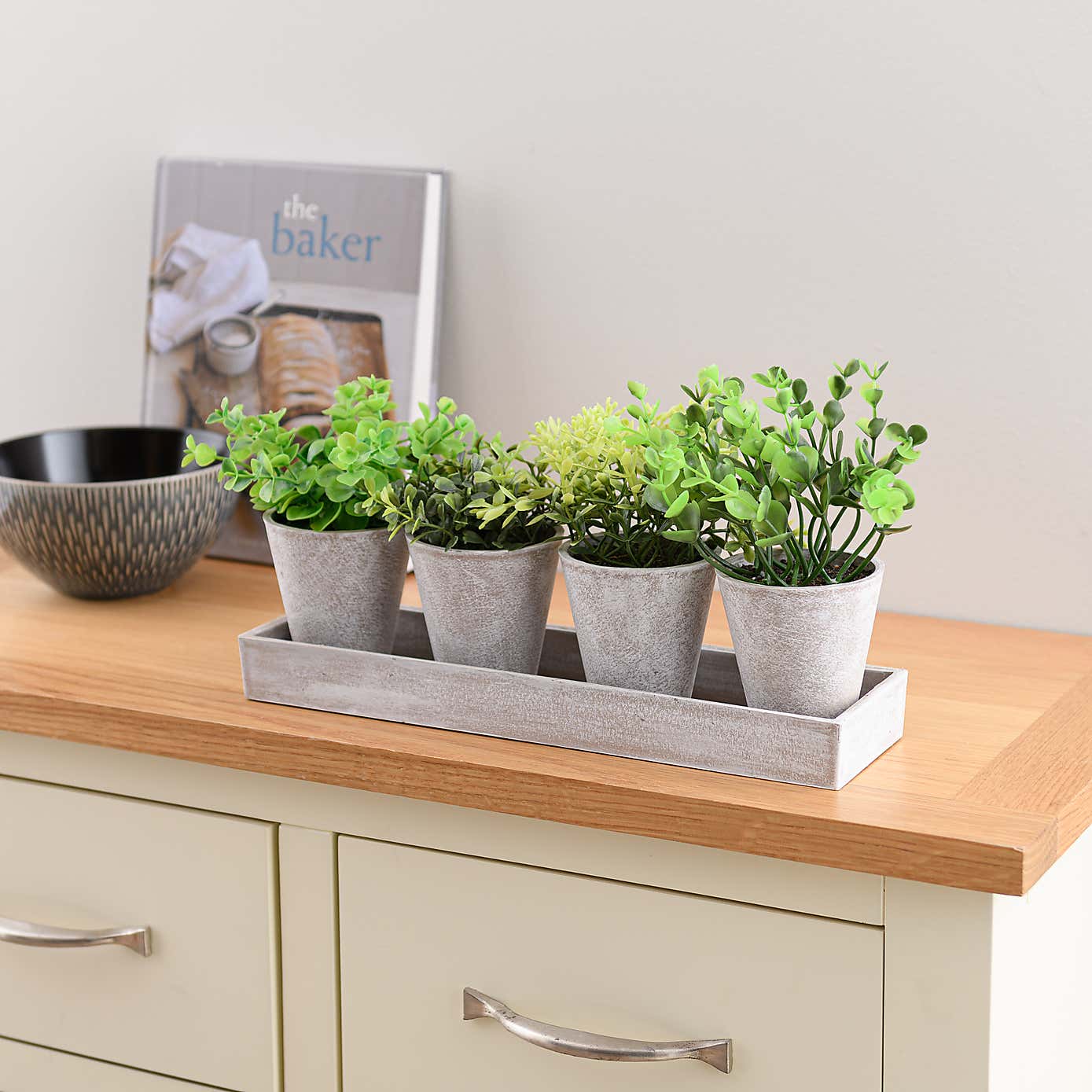 Artificial Herbs in Metal Tray