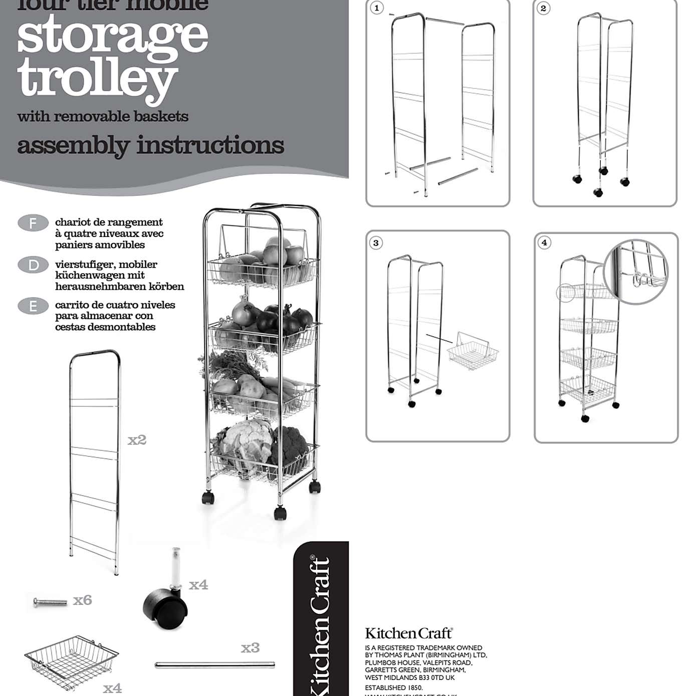 4-Tier Steel Kitchen Trolley on Wheels